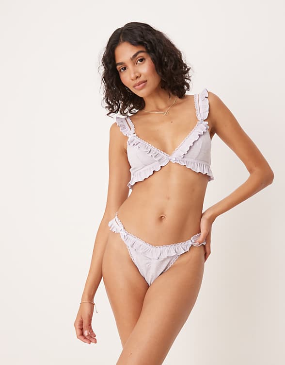 asos ASOS DESIGN Taylor rib soft bra and thong set in washed lilac