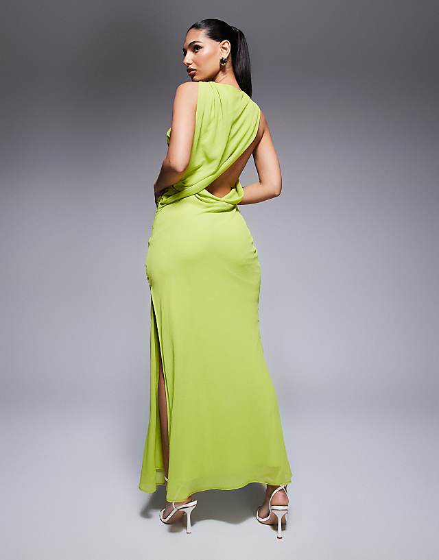 Asos ASOS DESIGN Textured Chiffon Draped Bias Maxi Dress In Green