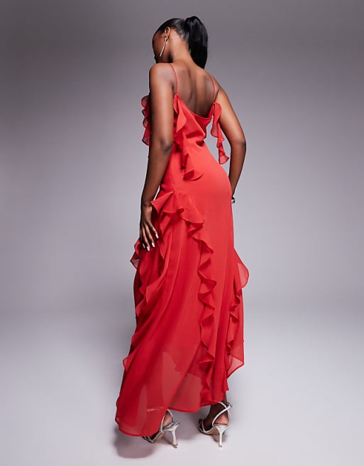 Asos ASOS DESIGN Textured Chiffon Maxi Dress With Trailing Ruffles In Red