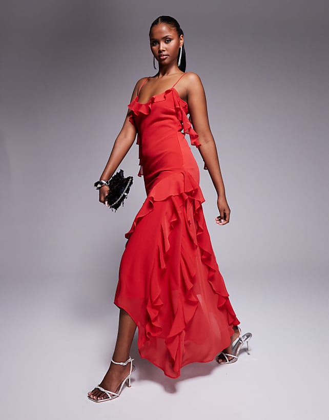 asos ASOS DESIGN textured chiffon maxi dress with trailing ruffles in red