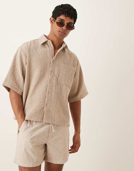 asos ASOS DESIGN textured half sleeve shirt in hessian