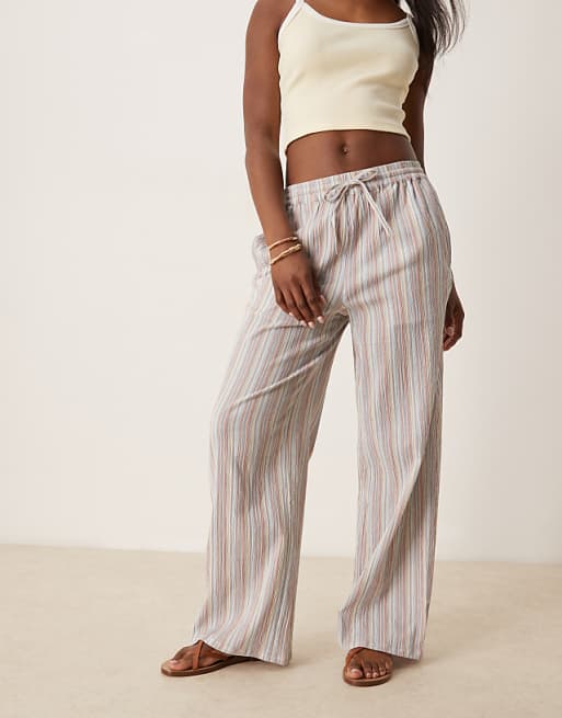 Asos ASOS DESIGN Textured Linen Look Wide Leg Pull On Trousers In Multi Stripe