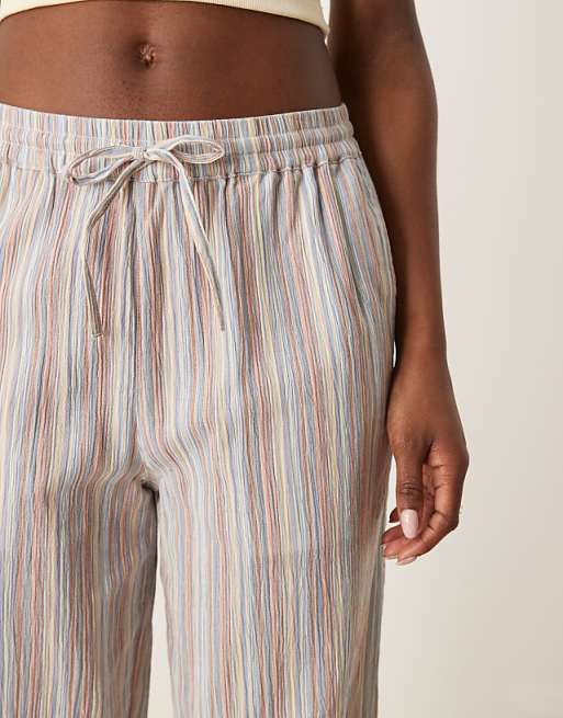 Asos ASOS DESIGN Textured Linen Look Wide Leg Pull On Trousers In Multi Stripe