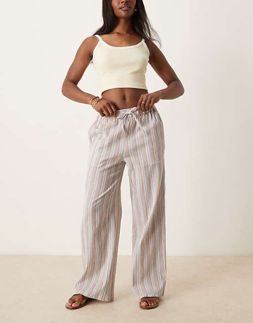 asos ASOS DESIGN textured linen look wide leg pull on trousers in multi stripe