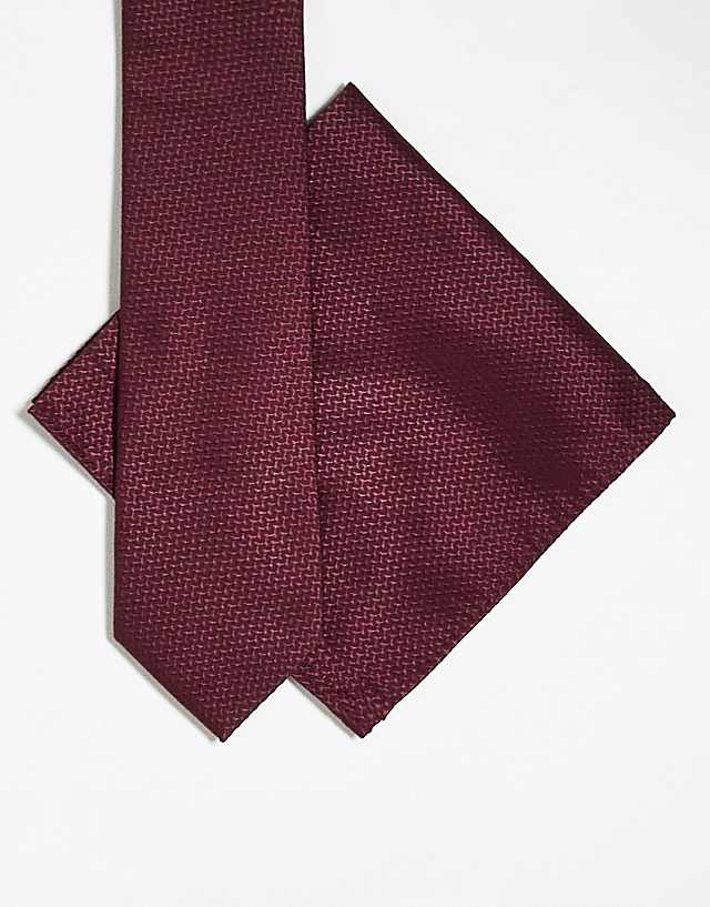 asos ASOS DESIGN textured tie and pocket square in burgundy
