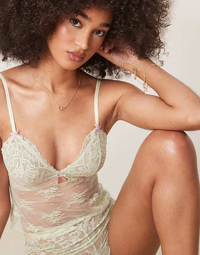 Asos ASOS DESIGN Thea Lace Rosebud Embroidery Cami And Boxer Set In Sage Green