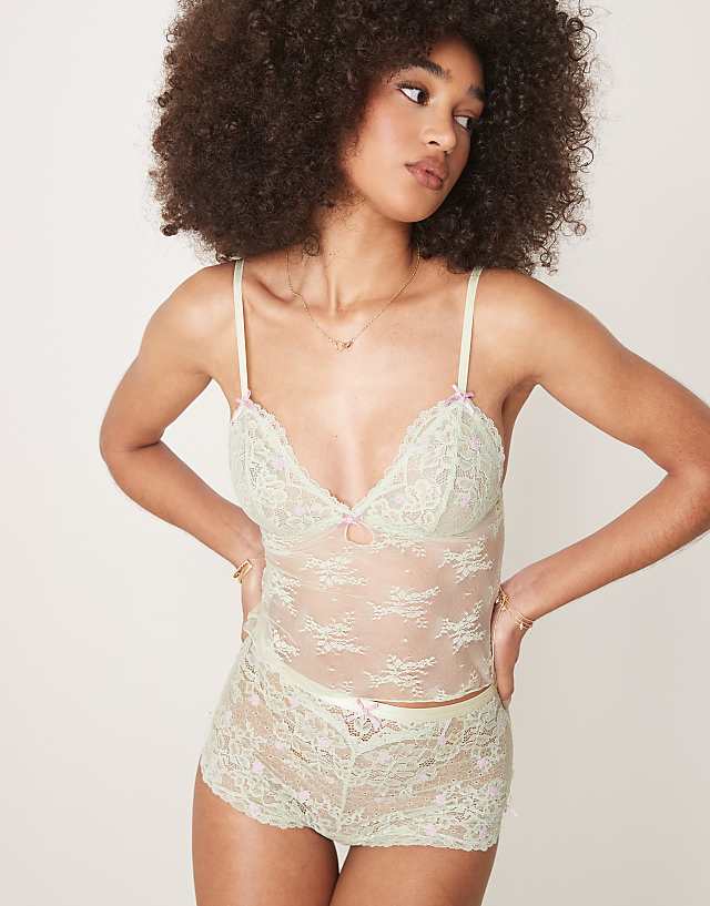 Asos ASOS DESIGN Thea Lace Rosebud Embroidery Cami And Boxer Set In Sage Green