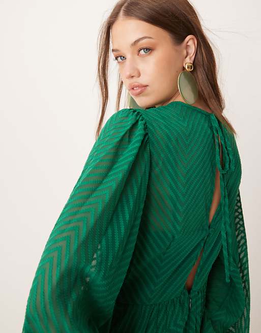 Asos ASOS DESIGN Tie Back Fluted Sleeve Pleated Chevron Chiffon Midi Dress In Green