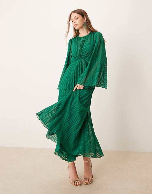 Asos ASOS DESIGN Tie Back Fluted Sleeve Pleated Chevron Chiffon Midi Dress In Green