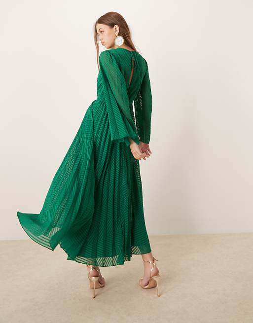 Asos ASOS DESIGN Tie Back Fluted Sleeve Pleated Chevron Chiffon Midi Dress In Green