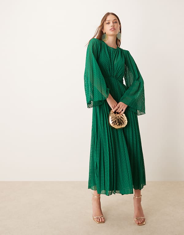 asos ASOS DESIGN tie back fluted sleeve pleated chevron chiffon midi dress in green