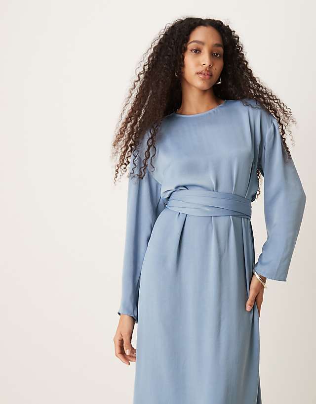 Asos ASOS DESIGN Tie Back Satin Maxi Dress In Steel Blue