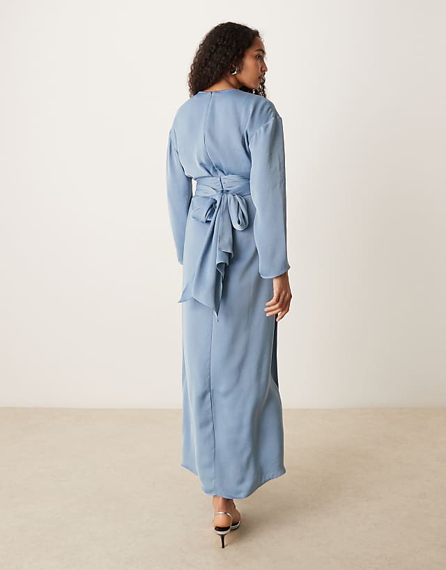 Asos ASOS DESIGN Tie Back Satin Maxi Dress In Steel Blue