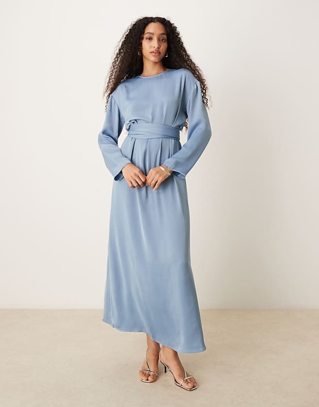 asos ASOS DESIGN tie back satin maxi dress in steel blue