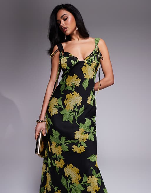 Asos ASOS DESIGN Tie Detail Corset Bias Maxi Dress With Frills In Black Based Floral Print