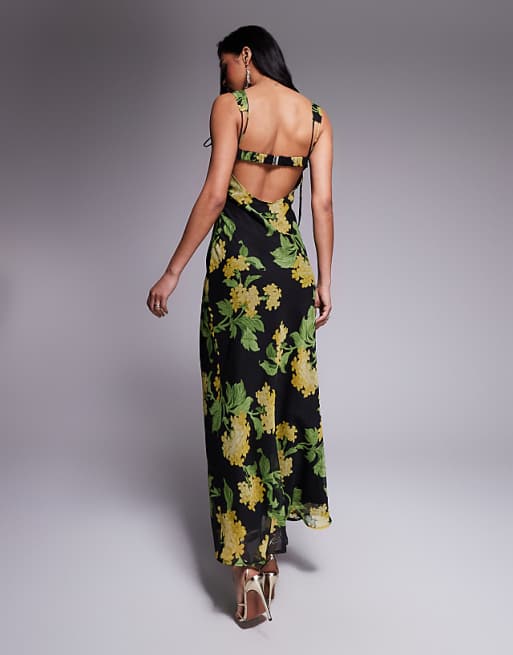 Asos ASOS DESIGN Tie Detail Corset Bias Maxi Dress With Frills In Black Based Floral Print