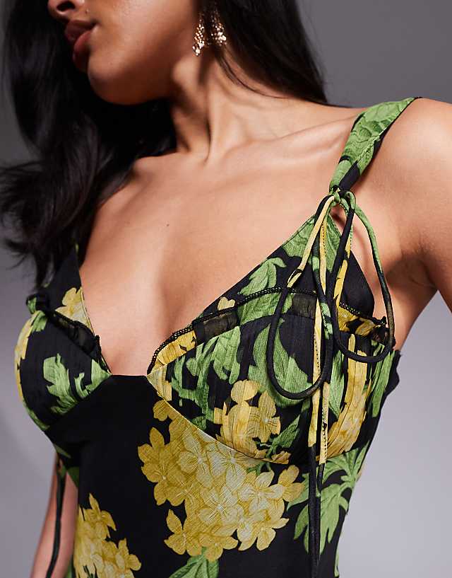 Asos ASOS DESIGN Tie Detail Corset Bias Maxi Dress With Frills In Black Based Floral Print