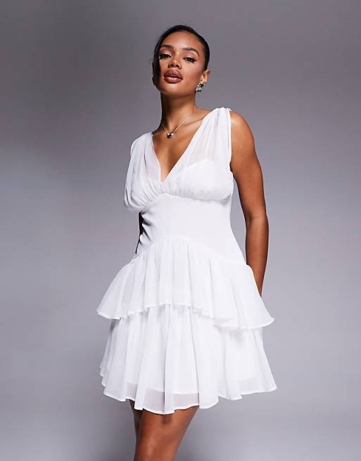Asos ASOS DESIGN Tie Detail Mini Dress With Pintucks And Rara Skirt In White