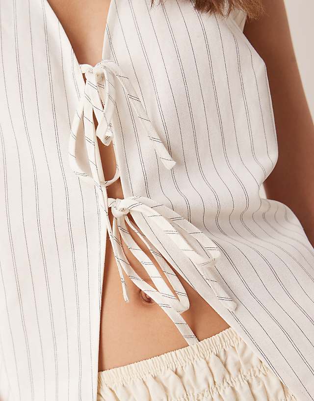 Asos ASOS DESIGN Tie Front Waistcoat With Linen Co-ord In Ecru Stripe
