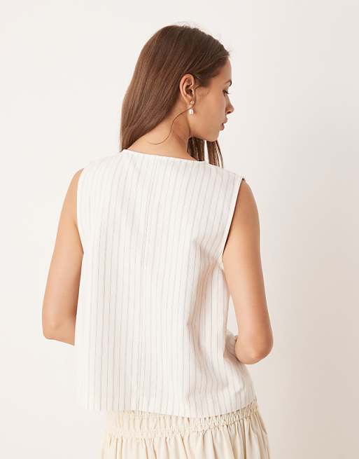 Asos ASOS DESIGN Tie Front Waistcoat With Linen Co-ord In Ecru Stripe
