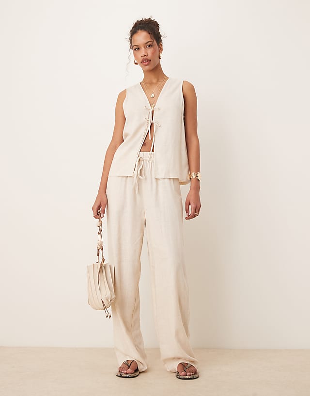 Asos ASOS DESIGN Tie Front Waistcoat With Linen Co-ord In Stone