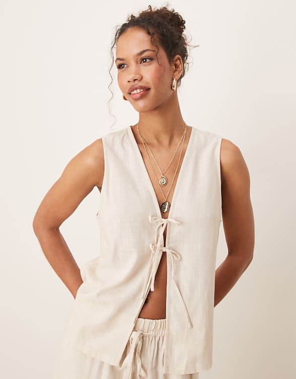 asos ASOS DESIGN tie front waistcoat with linen co-ord in stone
