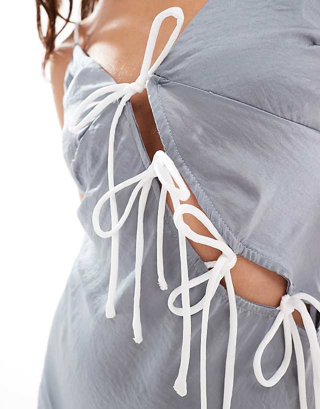Asos ASOS DESIGN Tie Up Cut Out Strappy Satin Midi Dress In Grey
