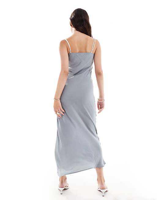 Asos ASOS DESIGN Tie Up Cut Out Strappy Satin Midi Dress In Grey