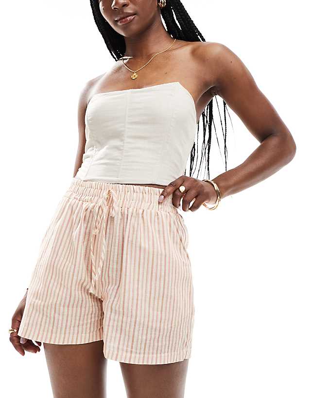 Asos ASOS DESIGN Tie Waist Pull On Short With Linen In Brown & Cream Stripe