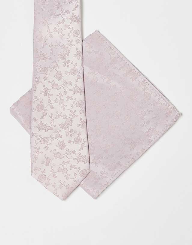 asos ASOS DESIGN tie with floral pocket square in pink