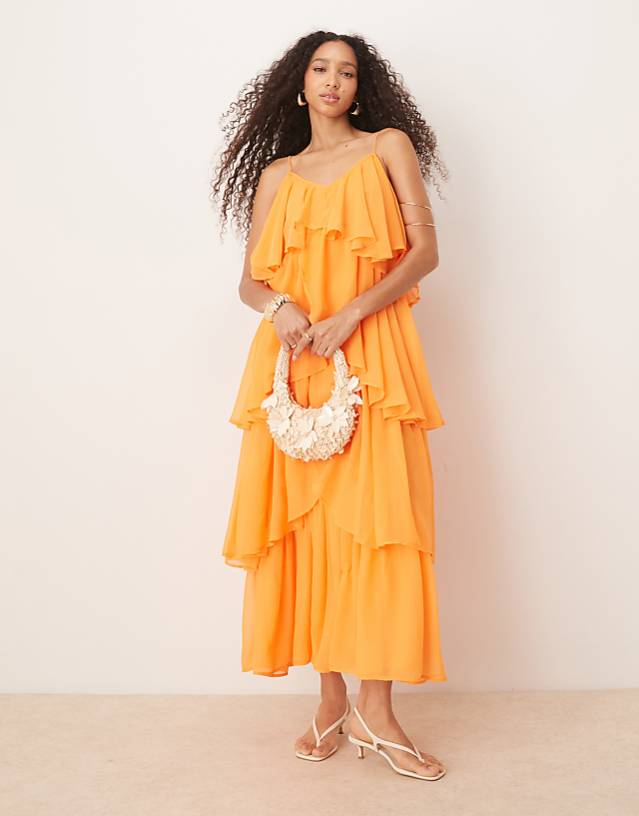 asos ASOS DESIGN tiered cami layered maxi dress in bright orange