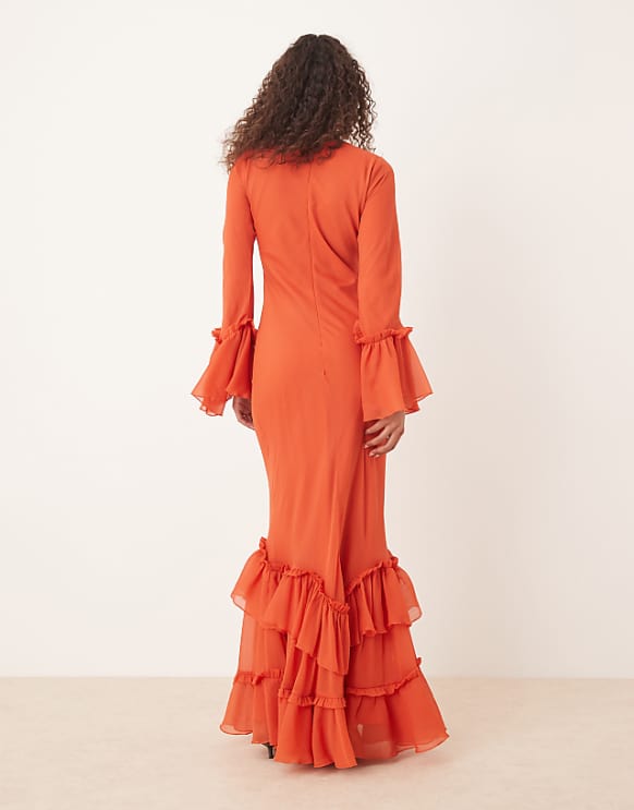 Asos ASOS DESIGN Tiered Ruffle Long Sleeve Chiffon Maxi In Red