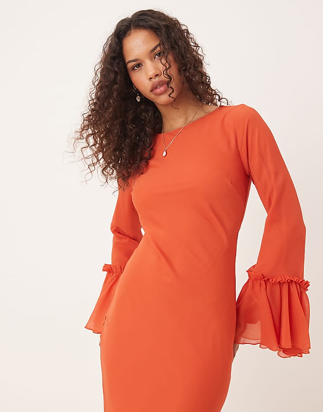 Asos ASOS DESIGN Tiered Ruffle Long Sleeve Chiffon Maxi In Red