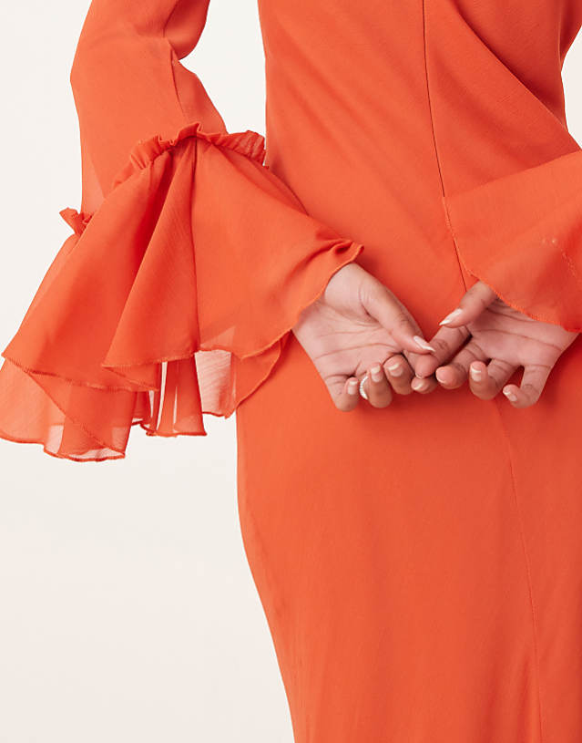 Asos ASOS DESIGN Tiered Ruffle Long Sleeve Chiffon Maxi In Red