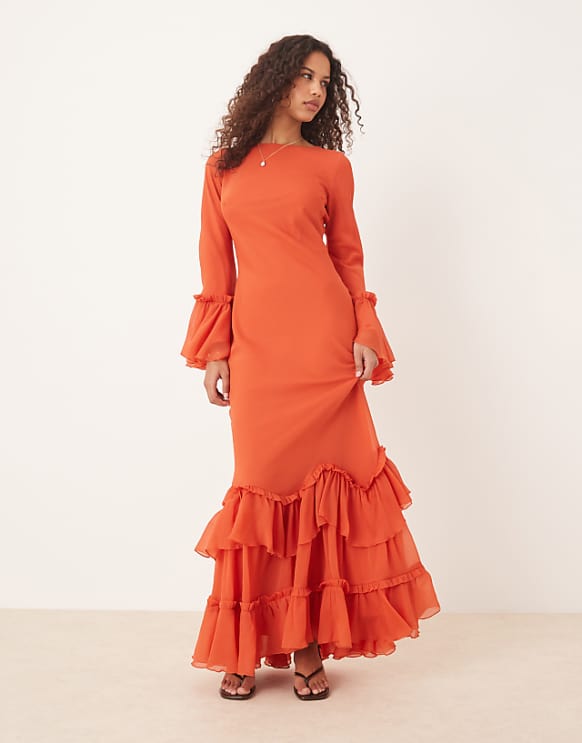 asos ASOS DESIGN tiered ruffle long sleeve chiffon maxi in red