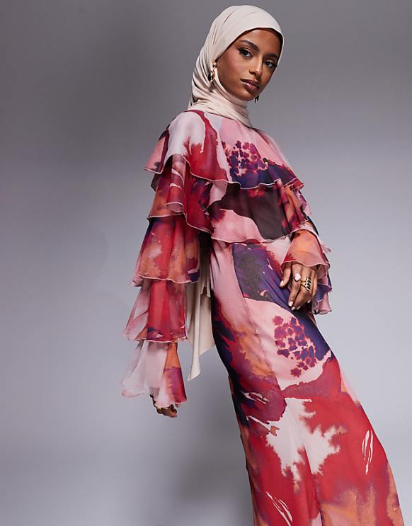 Asos ASOS DESIGN Tiered Ruffle Overlay Bias Maxi Dress In Abstract Print