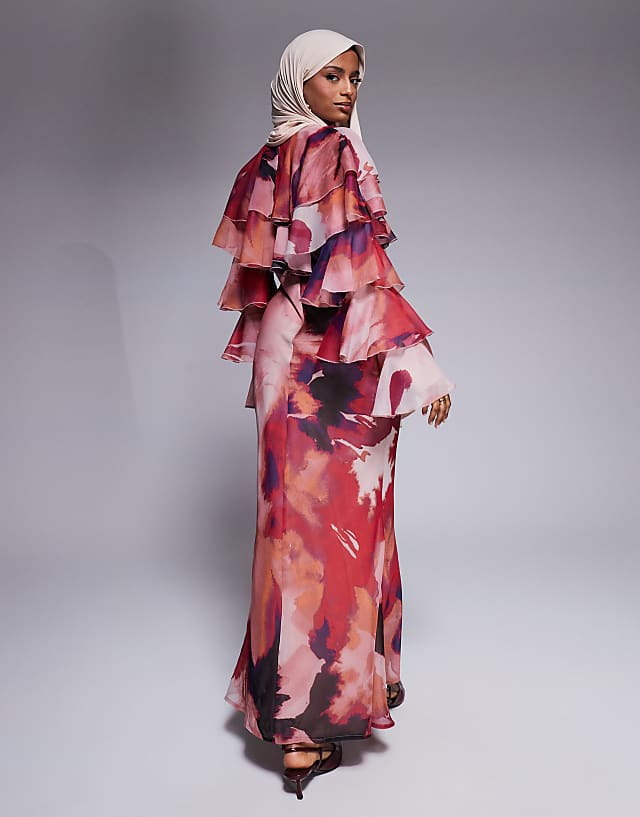 Asos ASOS DESIGN Tiered Ruffle Overlay Bias Maxi Dress In Abstract Print