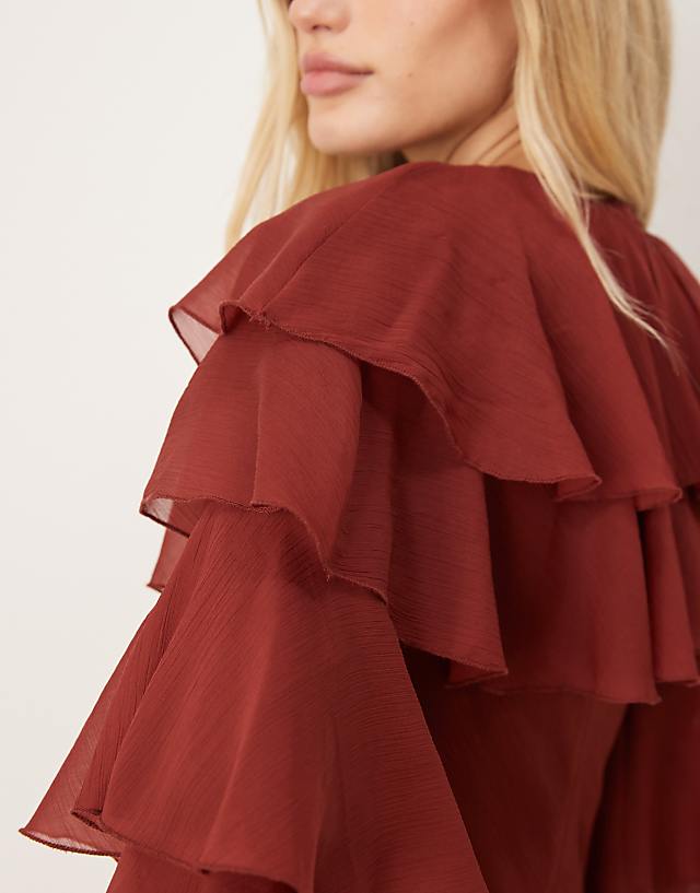 Asos ASOS DESIGN Tiered Ruffle Overlay Bias Maxi Dress In Deep Chestnut