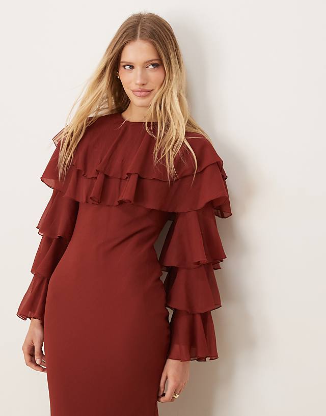 Asos ASOS DESIGN Tiered Ruffle Overlay Bias Maxi Dress In Deep Chestnut
