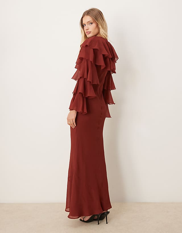 Asos ASOS DESIGN Tiered Ruffle Overlay Bias Maxi Dress In Deep Chestnut