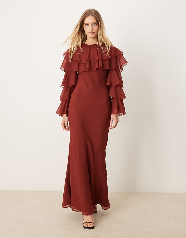 asos ASOS DESIGN tiered ruffle overlay bias maxi dress in deep chestnut