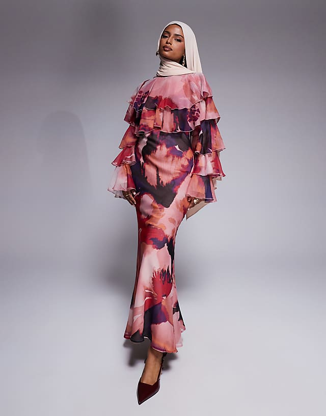 asos ASOS DESIGN tiered ruffle overlay bias maxi dress in abstract print