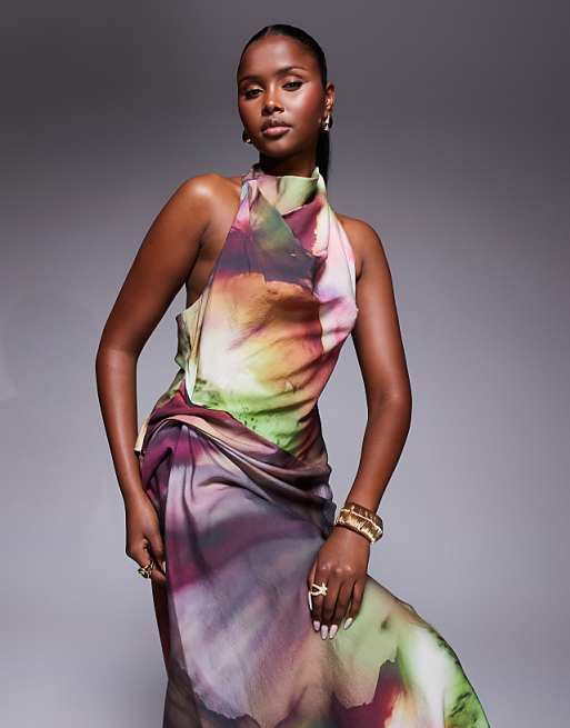 Asos ASOS DESIGN Tuck Detail Halter Maxi Dress In Abstract Print