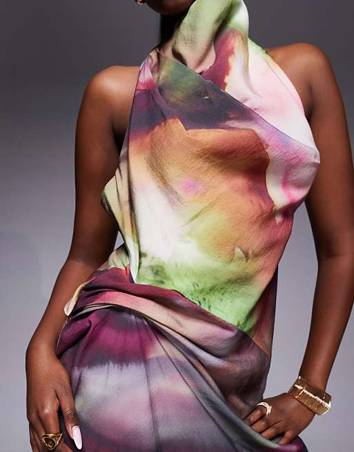 Asos ASOS DESIGN Tuck Detail Halter Maxi Dress In Abstract Print