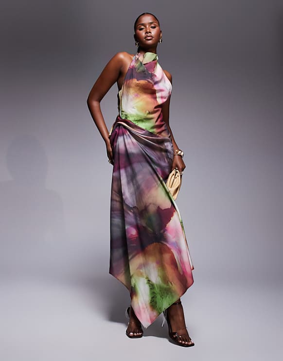asos ASOS DESIGN tuck detail halter maxi dress in abstract print