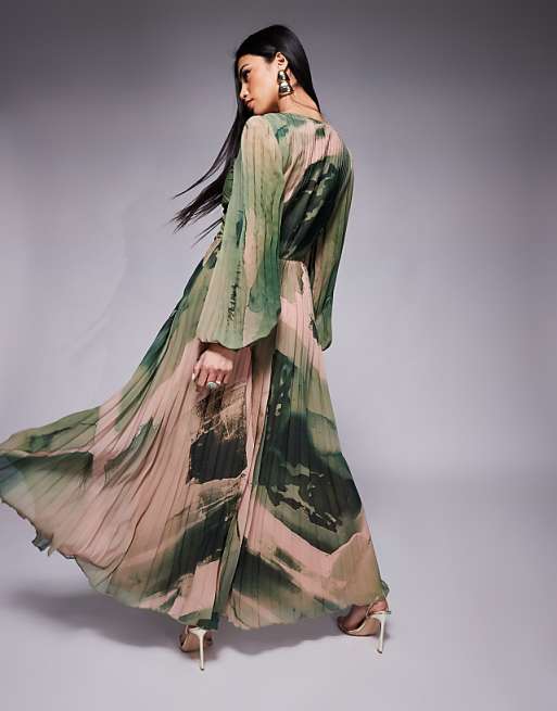 Asos ASOS DESIGN Twist Detail Wrap Front Pleated Maxi Dress In Green Watecolour Print