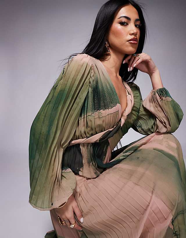 Asos ASOS DESIGN Twist Detail Wrap Front Pleated Maxi Dress In Green Watecolour Print