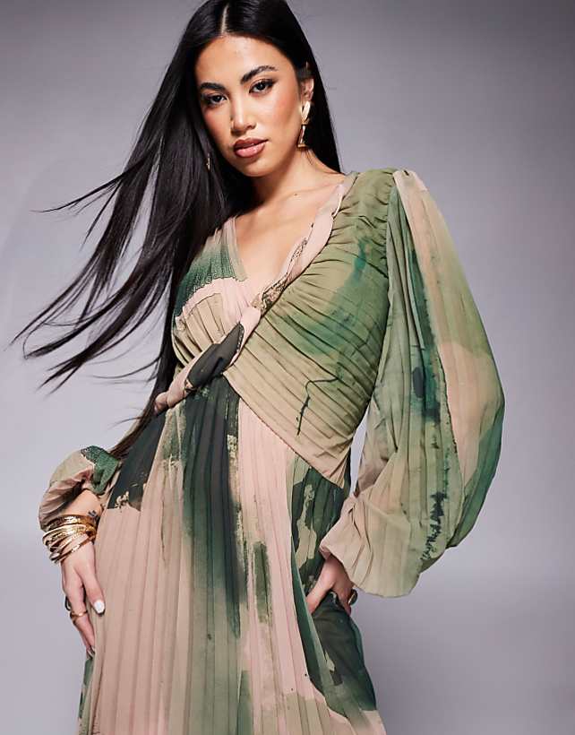 Asos ASOS DESIGN Twist Detail Wrap Front Pleated Maxi Dress In Green Watecolour Print