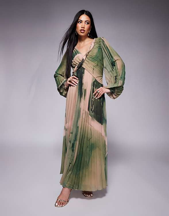 asos ASOS DESIGN twist detail wrap front pleated maxi dress in green watecolour print