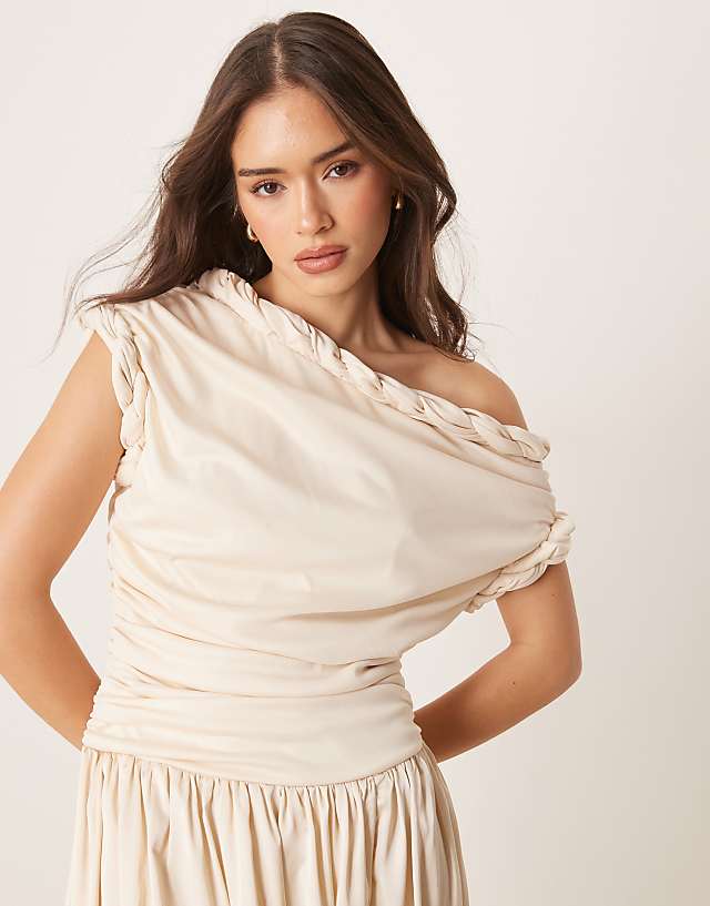 Asos ASOS DESIGN Twist Neckline Ruched Bodice With Satin Skirt Midi Dress In Cream